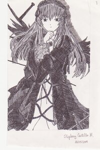 Rating: Safe Score: 0 Tags: 1girl dated dress frills hairband image long_hair long_sleeves looking_at_viewer monochrome simple_background solo suigintou traditional_media wings User: admin