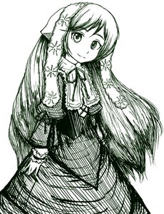 Rating: Safe Score: 0 Tags: 1girl dress greyscale image long_hair long_sleeves looking_at_viewer monochrome ribbon simple_background smile solo suiseiseki swept_bangs very_long_hair white_background User: admin