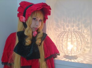 Rating: Safe Score: 0 Tags: 1girl bangs blonde_hair blue_eyes bonnet bow dress flower frills lips long_hair realistic red_dress rose shinku solo upper_body User: admin