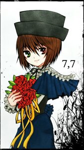 Rating: Safe Score: 0 Tags: 1girl brown_hair dress flower frills green_eyes hat heterochromia holding image long_sleeves looking_at_viewer red_eyes rose short_hair smile solo souseiseki User: admin