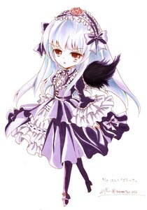 Rating: Safe Score: 0 Tags: 1girl bow dress flower frills full_body hairband image lolita_hairband long_hair long_sleeves pantyhose red_eyes rose silver_hair solo striped suigintou vertical_stripes white_background wings User: admin