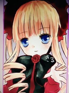 Rating: Safe Score: 0 Tags: 1girl bangs blonde_hair blue_eyes blush bow bowtie dress drill_hair flower hat image long_hair long_sleeves looking_at_viewer red_flower rose shinku sidelocks simple_background smile solo traditional_media twintails upper_body User: admin
