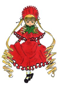 Rating: Safe Score: 0 Tags: 1girl black_footwear blonde_hair bonnet bow bowtie dress drill_hair full_body green_bow image long_hair long_sleeves looking_at_viewer red_dress shinku shoes simple_background solo standing twin_drills twintails very_long_hair white_background User: admin