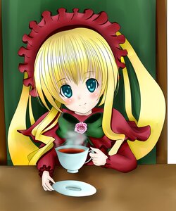 Rating: Safe Score: 0 Tags: 1girl blonde_hair blue_eyes blush bonnet bow cup flower holding_cup image long_hair long_sleeves looking_at_viewer pink_rose rose saucer shinku sidelocks sitting smile solo table tea teacup twintails User: admin