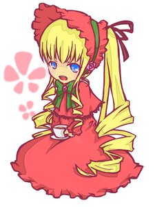 Rating: Safe Score: 0 Tags: 1girl blonde_hair blue_eyes bonnet bow bowtie cup dress drill_hair full_body image long_hair long_sleeves looking_at_viewer open_mouth red_dress shinku simple_background solo twintails white_background User: admin