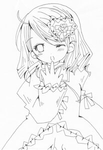 Rating: Safe Score: 0 Tags: 1girl ;o ahoge blush dress drill_hair flower greyscale hair_ornament image kanaria long_sleeves looking_at_viewer monochrome one_eye_closed sleeves_past_wrists solo striped twin_drills white_background User: admin