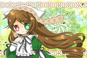 Rating: Safe Score: 0 Tags: 1girl brown_hair dress frills green_dress green_eyes hat head_scarf heterochromia image long_hair long_sleeves looking_at_viewer red_eyes ribbon solo suiseiseki very_long_hair User: admin