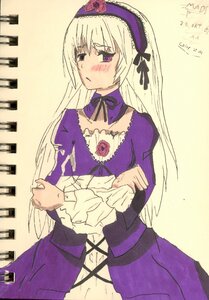 Rating: Safe Score: 0 Tags: 1girl blush detached_collar dress flower frills hairband image long_hair long_sleeves puffy_sleeves purple_dress rose simple_background solo suigintou User: admin
