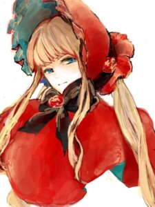 Rating: Safe Score: 0 Tags: 1girl bangs blonde_hair blue_eyes bonnet breasts closed_mouth dress flower image long_hair looking_at_viewer red_flower rose shinku simple_background solo upper_body white_background User: admin