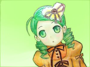 Rating: Safe Score: 0 Tags: 1girl :o dress drill_hair green_background green_eyes green_hair hat image juliet_sleeves kanaria long_sleeves looking_at_viewer neck_ribbon puffy_sleeves ribbon simple_background solo traditional_media twin_drills upper_body User: admin