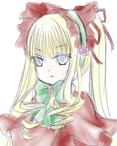 Rating: Safe Score: 0 Tags: 1girl bangs blonde_hair blue_eyes blush bonnet bow bowtie dress flower image long_hair looking_at_viewer pink_flower pink_rose rose shinku simple_background solo twintails upper_body white_background User: admin