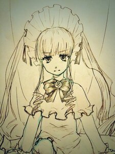 Rating: Safe Score: 0 Tags: 1girl bangs bonnet bow bowtie dress image long_hair looking_at_viewer monochrome shinku sidelocks solo traditional_media twintails upper_body very_long_hair User: admin