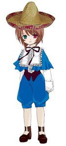 Rating: Safe Score: 0 Tags: 1girl bow brown_hair capelet full_body green_eyes hat heterochromia image long_sleeves looking_at_viewer red_eyes shoes short_hair simple_background solo souseiseki standing white_background User: admin