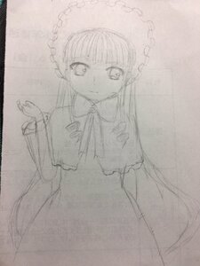 Rating: Safe Score: 0 Tags: 1girl bangs dress frills greyscale hime_cut houraisan_kaguya long_hair long_sleeves looking_at_viewer monochrome simple_background sketch smile solo traditional_media very_long_hair wide_sleeves User: admin