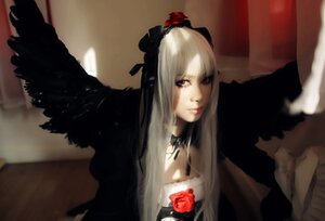 Rating: Safe Score: 0 Tags: 1girl blurry depth_of_field dress flower lips long_hair long_sleeves looking_at_viewer red_eyes red_flower red_rose rose solo suigintou wings User: admin