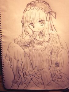 Rating: Safe Score: 0 Tags: 1girl auto_tagged bangs blush closed_mouth dress eyebrows_visible_through_hair frilled_hairband frills hairband holding image lolita_hairband long_hair long_sleeves looking_at_viewer monochrome pantyhose sitting sketch solo suigintou traditional_media very_long_hair User: admin