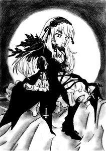 Rating: Safe Score: 0 Tags: 1girl blush boots dress frilled_sleeves frills greyscale hairband image long_hair long_sleeves monochrome solo standing suigintou very_long_hair wings User: admin