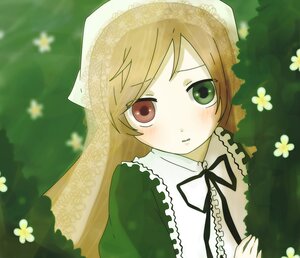 Rating: Safe Score: 0 Tags: 1girl brown_hair dress green_dress green_eyes head_scarf heterochromia image long_hair long_sleeves looking_at_viewer outdoors ribbon solo suiseiseki upper_body User: admin