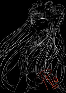 Rating: Safe Score: 0 Tags: 1girl black_background greyscale image kirakishou long_hair looking_at_viewer monochrome simple_background smile solo very_long_hair User: admin