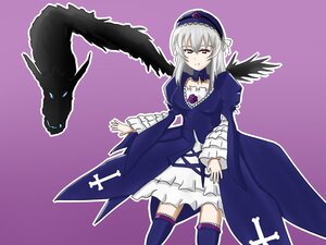 Rating: Safe Score: 0 Tags: 1girl black_wings dress frills hairband image juliet_sleeves long_hair long_sleeves looking_at_viewer outline purple_background rose silver_hair solo suigintou thighhighs wings User: admin