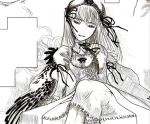 Rating: Safe Score: 0 Tags: 1girl dress frills greyscale hairband image lolita_hairband long_hair long_sleeves looking_at_viewer monochrome ribbon smile solo suigintou wings User: admin