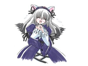 Rating: Safe Score: 3 Tags: 1girl animal_ears blush cat_ears closed_eyes dress flying_sweatdrops frills hairband image kemonomimi_mode long_hair long_sleeves open_mouth ribbon silver_hair solo suigintou tail white_background wings User: admin