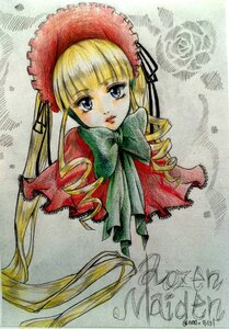 Rating: Safe Score: 0 Tags: 1girl artist_name bangs blonde_hair blue_eyes bonnet bow bowtie capelet drill_hair green_bow image lips long_hair long_sleeves looking_at_viewer marker_(medium) red_capelet shinku signature solo traditional_media twin_drills twintails upper_body User: admin