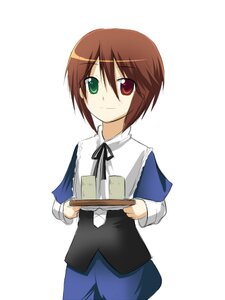 Rating: Safe Score: 0 Tags: 1girl brown_hair cowboy_shot cup green_eyes heterochromia holding holding_tray image long_sleeves looking_at_viewer plate red_eyes ribbon simple_background smile solo souseiseki tray white_background User: admin