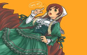 Rating: Safe Score: 0 Tags: 1girl braid brown_hair dress frills green_dress green_eyes hand_on_hip head_scarf image index_finger_raised long_hair long_sleeves open_mouth orange_background ribbon simple_background solo suiseiseki very_long_hair User: admin
