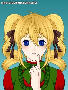 Rating: Safe Score: 0 Tags: 1girl blonde_hair blue_background blue_eyes blush bow bowtie dress finger_to_mouth hair_ribbon image index_finger_raised looking_at_viewer ribbon shinku simple_background solo twintails watermark User: admin