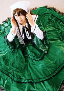 Rating: Safe Score: 0 Tags: brown_hair dress frills green_dress lips long_hair long_sleeves ribbon sitting solo suiseiseki User: admin