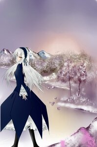 Rating: Safe Score: 0 Tags: 1girl dress flower frilled_sleeves frills full_body hairband image long_hair long_sleeves looking_at_viewer looking_back outdoors red_eyes ribbon silver_hair solo standing suigintou tree very_long_hair water wings User: admin