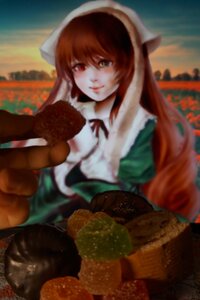 Rating: Safe Score: 0 Tags: 1girl blurry blurry_background bread brown_hair depth_of_field dress food gloves green_dress head_scarf heterochromia image long_hair looking_at_viewer photo red_eyes smile solo suiseiseki User: admin