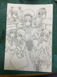 Rating: Safe Score: 0 Tags: 6+girls boots bow dress flower gloves hat image long_hair looking_at_viewer monochrome multiple multiple_girls rose smile suigintou tagme traditional_media twintails User: admin