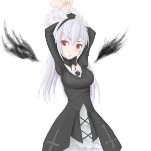 Rating: Safe Score: 0 Tags: 1girl arms_up black_dress black_wings breasts dress feathers image long_hair long_sleeves looking_at_viewer red_eyes simple_background solo standing suigintou white_background wings User: admin