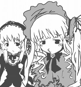 Rating: Safe Score: 0 Tags: 2girls blush chibi dress flower greyscale image long_hair long_sleeves monochrome multiple_girls pair shinku suigintou white_background User: admin