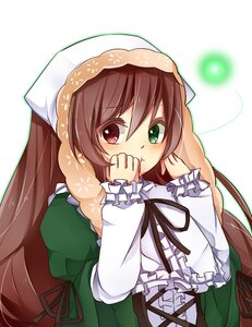 Rating: Safe Score: 0 Tags: 1girl black_ribbon blush brown_hair dress frills green_dress green_eyes head_scarf heterochromia image long_hair long_sleeves looking_at_viewer red_eyes ribbon solo suiseiseki very_long_hair white_background User: admin