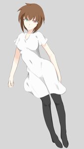 Rating: Safe Score: 0 Tags: 1girl black_legwear brown_hair dress full_body green_eyes grey_background heterochromia image looking_at_viewer no_shoes pantyhose red_eyes short_hair short_sleeves simple_background smile solo souseiseki standing striped vertical_stripes white_dress User: admin