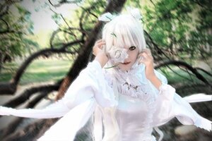 Rating: Safe Score: 0 Tags: 1girl bangs blurry blurry_background blurry_foreground depth_of_field dress feathers frills green_eyes kirakishou lips long_sleeves one_eye_covered short_hair sitting solo white_hair wings User: admin