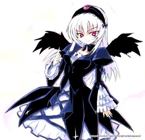 Rating: Safe Score: 0 Tags: 1girl black_wings detached_collar dress flower frills hairband image juliet_sleeves kuropan_(crow_panther) long_hair long_sleeves looking_at_viewer pale_skin pink_eyes puffy_sleeves rose rozen_maiden silver_hair simple_background smile solo suigintou white_background white_hair wings User: admin