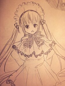 Rating: Safe Score: 0 Tags: 1girl capelet dress eyebrows_visible_through_hair frills hairband image long_hair long_sleeves looking_at_viewer monochrome open_mouth photo shinku solo traditional_media twintails very_long_hair User: admin