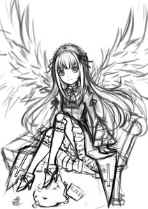 Rating: Safe Score: 0 Tags: 1girl closed_mouth dress feathered_wings greyscale hairband image lolita_hairband long_hair long_sleeves looking_at_viewer monochrome sitting smile solo suigintou very_long_hair wings User: admin