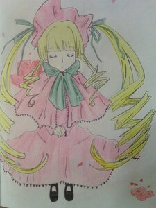 Rating: Safe Score: 0 Tags: 1girl bangs blonde_hair bonnet bow bowtie closed_eyes dress full_body green_bow green_neckwear image long_hair long_sleeves shinku simple_background solo standing traditional_media twintails very_long_hair User: admin