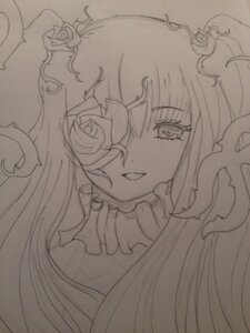 Rating: Safe Score: 0 Tags: 1girl eyebrows_visible_through_hair flower greyscale image kirakishou lineart long_hair looking_at_viewer monochrome rose smile solo traditional_media User: admin