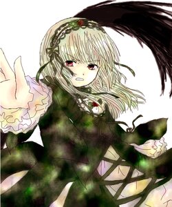 Rating: Safe Score: 0 Tags: 1girl bangs blonde_hair dress frills hairband image long_hair long_sleeves looking_at_viewer outstretched_arm red_eyes ribbon simple_background solo suigintou white_background wings User: admin