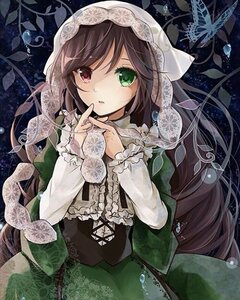 Rating: Safe Score: 0 Tags: 1girl bug butterfly dress green_dress green_eyes head_scarf heterochromia image insect long_hair long_sleeves looking_at_viewer solo suiseiseki veil very_long_hair User: admin