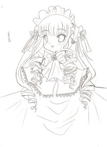 Rating: Safe Score: 0 Tags: 1girl :d blush dress drill_hair image long_hair long_sleeves looking_at_viewer monochrome open_mouth shinku simple_background smile solo twin_drills very_long_hair white_background User: admin