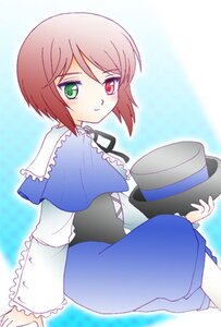 Rating: Safe Score: 0 Tags: 1boy blue_dress brown_hair capelet dress green_eyes hat hat_removed headwear_removed heterochromia holding holding_clothes holding_hat image long_sleeves looking_at_viewer looking_back red_eyes ribbon short_hair smile solo souseiseki top_hat User: admin