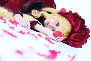 Rating: Safe Score: 0 Tags: 1girl blonde_hair blue_eyes blurry blurry_foreground bonnet depth_of_field flower long_hair shinku solo User: admin