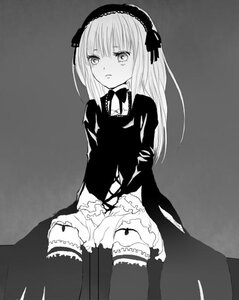 Rating: Safe Score: 0 Tags: 1girl blush dress frills greyscale hairband image long_hair long_sleeves monochrome sitting solo suigintou thighhighs User: admin